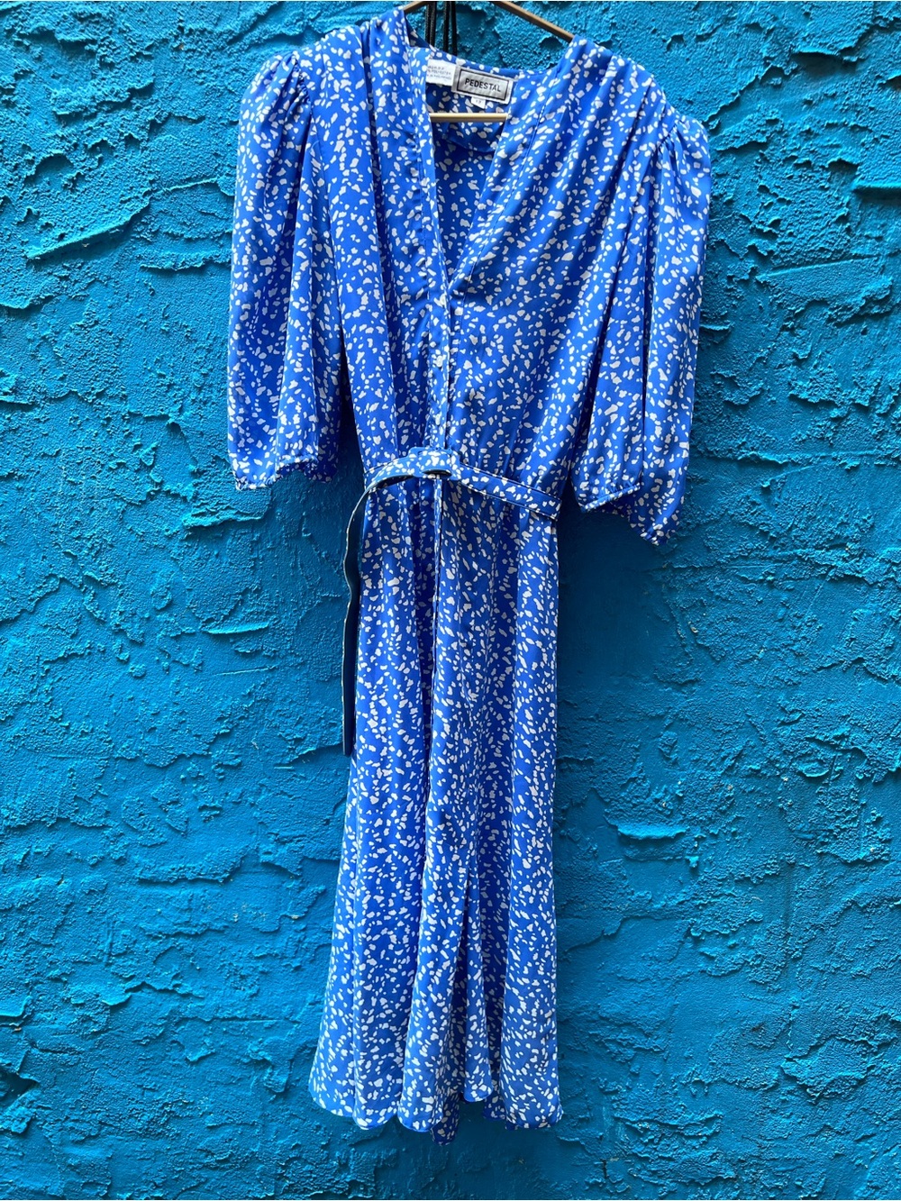 Vintage Pedestal Blue Confetti Print Puff Sleeve Wrap Midi Dress